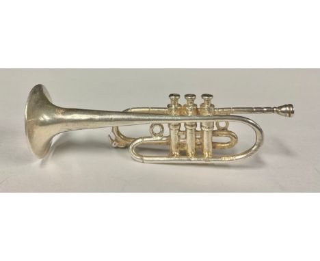 A Continental sterling silver miniature musical model, of a trumpet, import marks for London 1991, 18.3g
