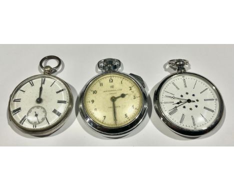 A hallmarked silver fusee pocket watch, London 1865; another, an Ingersoll stopwatch;  a pocket watch (3)