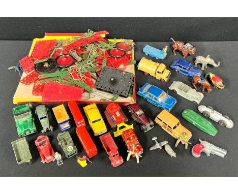 Toys - a Meccano outfit, number 3, with instructions, unchecked, boxed; playworn Dinky, Lesney and Corgi cars, MG Record Car,