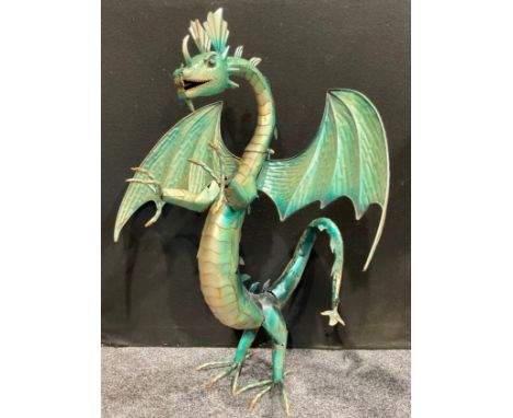 Garden Ornaments - a sheet metal figure, of a dragon rampant, painted in mottled tones of green lustre, 106cm high