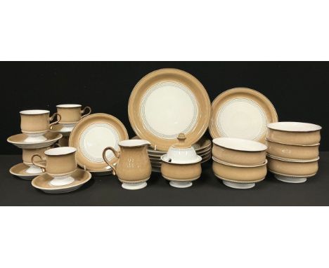 A Denby Seville pattern part dinner and coffee service, including six dinner plates, milk jug, sucrier and cover, cups and sa