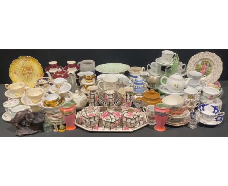 A Crown Ducal seven piece dressing table set, etc; tea ware; miscelaneous pottery and porcelain (3 boxes)