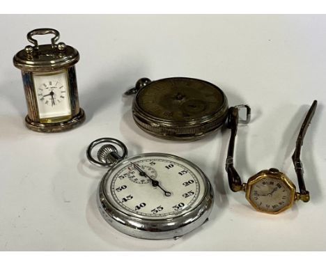 An Art Deco 9ct gold ladies' wristwatch, octagonal dial with Roman numerals, brown leather strap; an Edwardian silver cased p