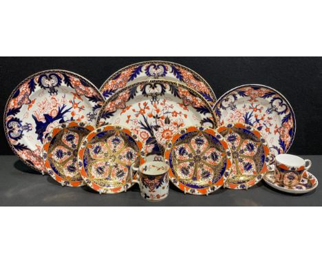 A Derby Crown Porcelain Imari pattern oval serving platter, 35cm; others similar, dinner plates, tea plates, two cups, printe