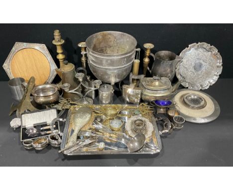 Metalware - a silver plated boat shaped teapot, Walker &amp; Hall; other silver plate; a pair of Victorian brass candlesticks