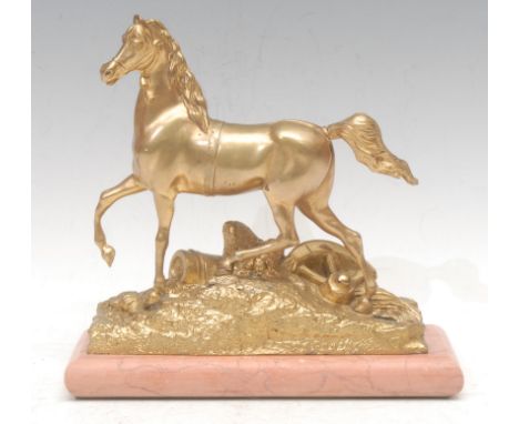 Continental School, a gilt metal equestrian sculpture, of a battlefield horse with triumphal regalia, rose marble base, 18.5c