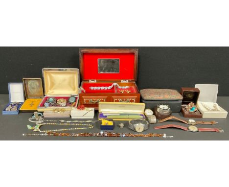 Watches &amp; Jewellery - a silver cross pendant,  sweetheart brooch, marcasite dress ring, etc,  1950s/60s Technos mechanica