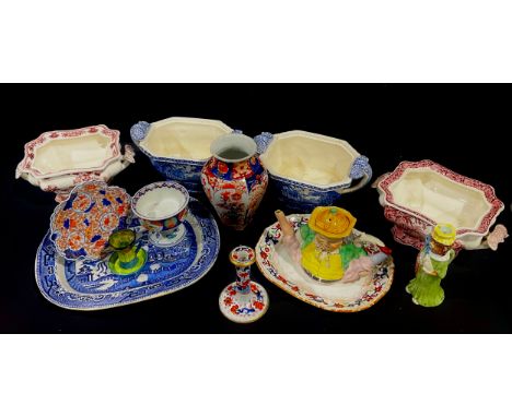 A pair of Masons Vista pattern blue and white tureen bases, others red, (all no covers), Japanese Imari vase;  Ironstone cand