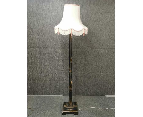 A chinoiseri decorated 1920's standard lamp and shade, overall H. 193cm.