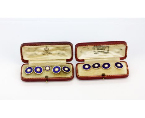 A pair of 18ct gold (stamped 18) and enamelled cufflinks boxed with matching collar stud together with a set of four matching