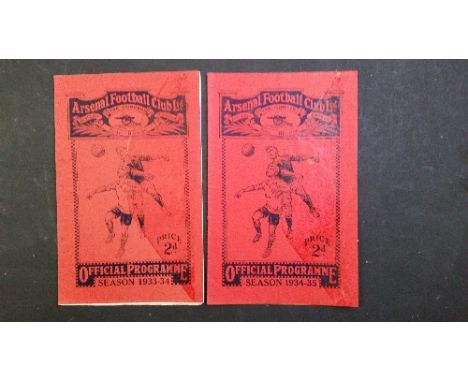 FOOTBALL, Arsenal home programmes, v Newcastle United 1933/4, Everton 1934/5, each with large stain to cover, FR to G, 2