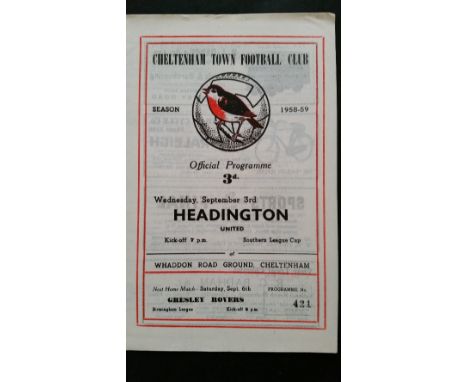 FOOTBALL, programme, Cheltenham Town v Headington United, 1958/9 Southern League Cup, VG