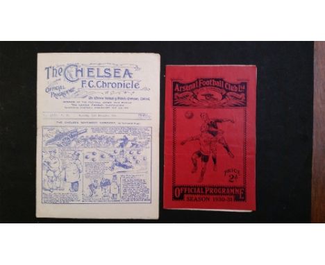 FOOTBALL, Arsenal programmes, at Chelsea, 29th Nov 1930 (ink stain to back page); v Fulham 1927/8 (large piece missing from b
