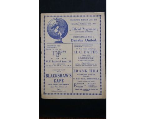 FOOTBALL, Chesterfield home programme, 6th Feb 1937, v Denaby United, reserve match in Midlands League (Chesterfield last sea