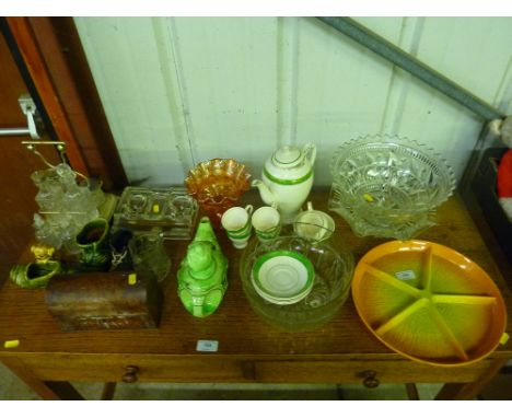 A Carlton ware hors d'oeuvres dish; together with a novelty teapot; a cruet stand and bottles; a Victorian dome topped box; g