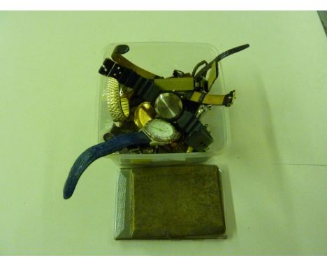 A box containing various wrist watches, two cigarette cases; a lighter etc. 
