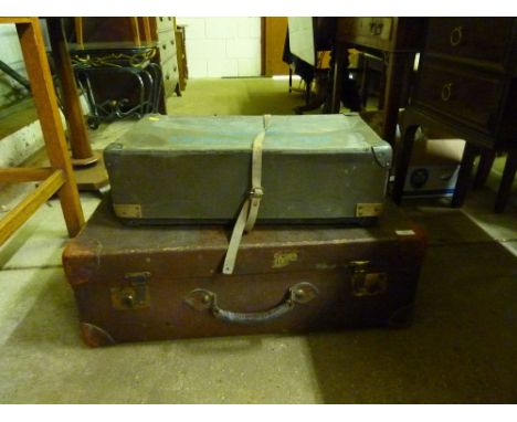 A leather bound trunk; and an Aldeburgh laundry box 