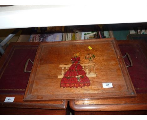 An oak drinks tray decorated with a lady in crinoline dress; a wine table; and a fire screen