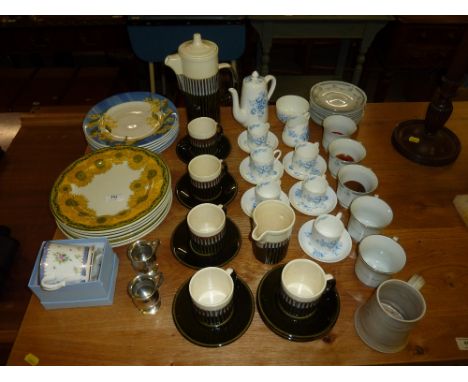 A Crown Staffordshire coffee set; various dinner plates; Irish pottery coffee set etc.