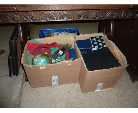Two boxes containing rugby shirts; a brass cased carriage clock; various sundries etc. 