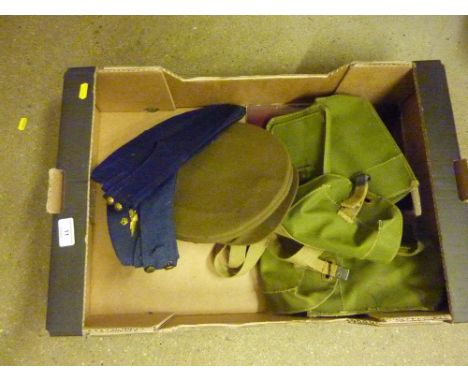 An RAF cap, one other cap; a military hat; two army ammo pouches in webbing etc. 