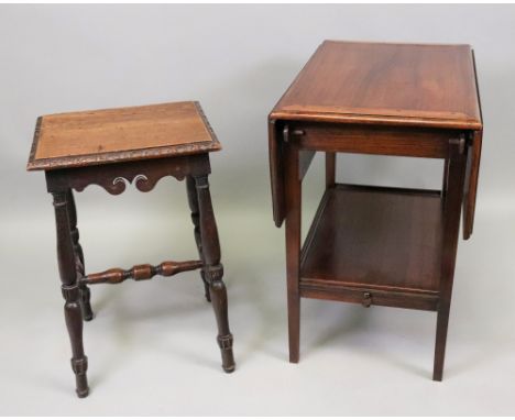 A late Victorian carved oak stool, in 17th century style, on turned legs, 36cm wide x 30cm deep x 54cm high and a teak swivel