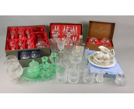 A boxed Bohemia crystal decanter and six glasses, boxed Tutbury, Villandry, Royal Scott, Royal Albert, Stuart and John Jenkin