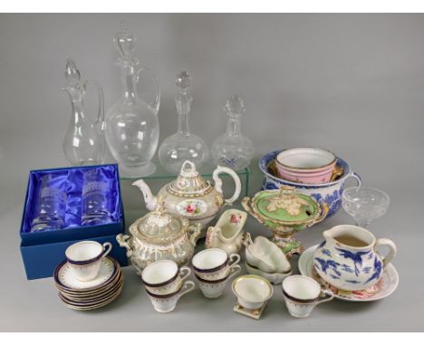 A Victorian Staffordshire silver shape teapot, painted with panels of red roses, similar sucrier and sauce tureen, early 19th