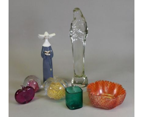 A glass statue of a Madonna and child, moulded CLSU, 37cm high, Art Crystal Studio glass fruit paperweight, Caithness paper w