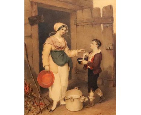 Follower of Richard Westall (British, 1765-1836), Now Milk From The Cow, bears inscription 'R Westall R A' (to mount), waterc