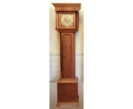 A George III oak and mahogany longcase clock, the moulded square hood with free standing cylindrical pilasters, the long shap