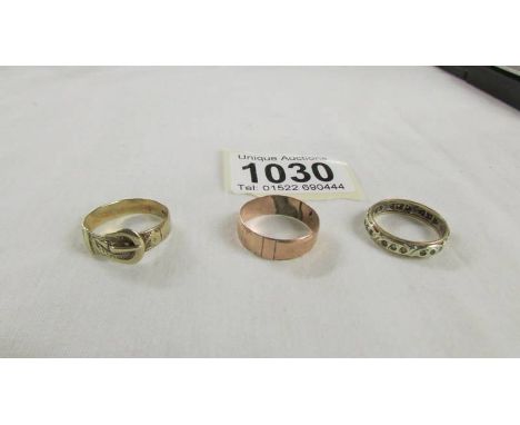 Two 9ct gold rings, sizes P &amp; Q, 4.9 grams and an eternity ring, size Q.