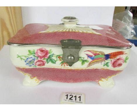 An English ceramic bird decorated box with plated fittings, 21 x 14 x 10 cm.
