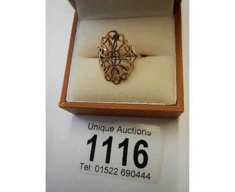 A pretty 9ct gold filigree ring, size N.&nbsp; 2 grams.