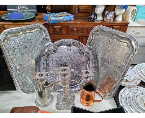 3 chrome plated trays, silver plated candelabra &amp; copper &amp; pewter tankards