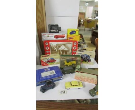 A selection of Corgi Classics, Atlas Dinky, some unboxed including a Texaco Service station replica 1940 model garage.
