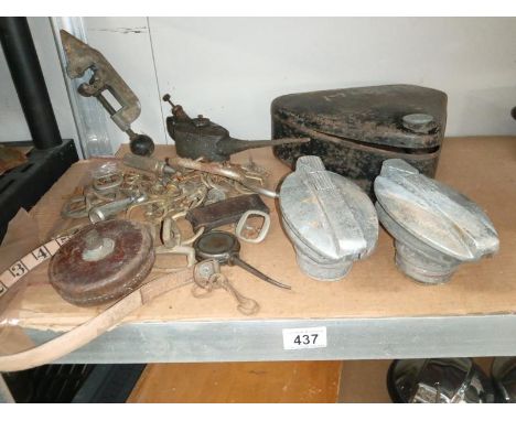 A good mix of vintage tools, brass buckles &amp; leather tape measure including 2 J fuel caps, COLLECT ONLY