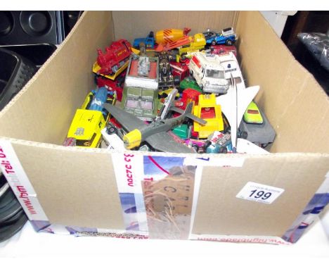 A large box of play worn diecast including Dinky, Corgi, Matchbox etc