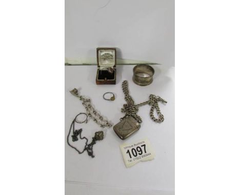 A mixed lot of silver and white metal items including silver vesta, silver napkin ring etc.,