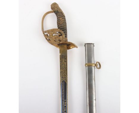 Imperial German Model 1889 Blue Gilt and Damascus Presentation Sword for the War Academy Fusilier Artillery Regiment Nr3, sup