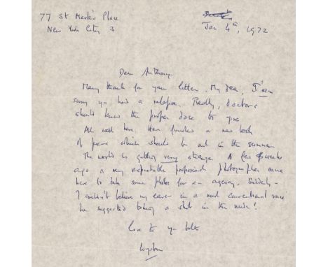 * Auden (Wystan Hugh, 1907-1973). Three Autograph Letters Signed, ‘Wystan’, 77 St Mark's Place, New York, 4 January 1972, All