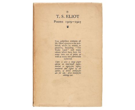 Eliot (T. S.) Poems 1909-1925, 1st edition, London: Faber &amp; Gwyer, 1925, light partial offsetting from flaps to endpapers