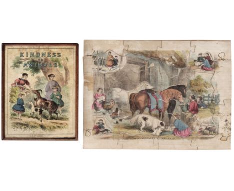 * Jigsaw. Kindness to Animals, [J.W. Barfoot], circa 1863, 40-piece wooden jigsaw puzzle, with hand-coloured lithograph of tw