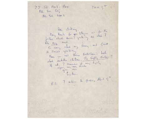* Auden (Wystan Hugh, 1907-1973). Two Autograph Letters Signed, ‘Wystan’, 77 St Mark’s Place, New York, 9 March [1968], and 3