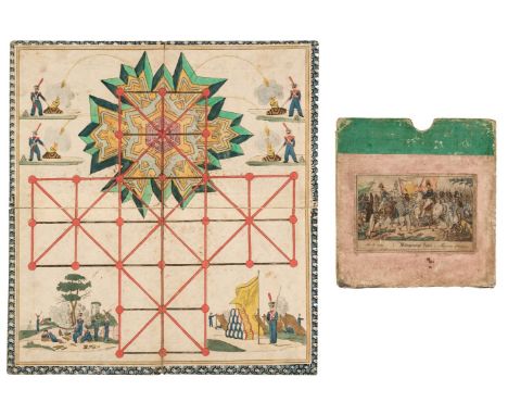 * Table Game. The Game of Besieging, circa 1810, hand-coloured lithograph on paper, laid onto decorated board, four vignettes