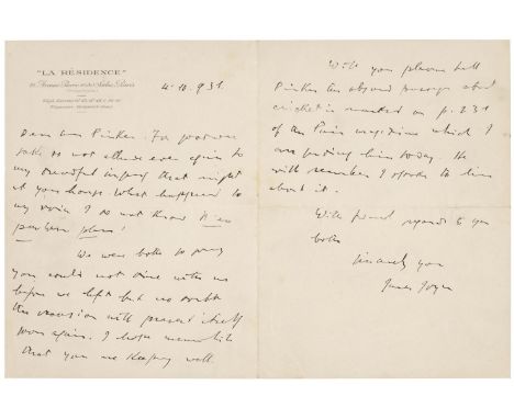 * Joyce (James, 1882-1941). Autograph Letter Signed, 'James Joyce', La Résidence, Paris, 4 October 1931, to Mrs Pinker on hot