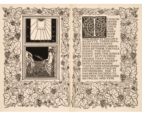 Vale Press. A Bibliography of the Books Issued by Hacon &amp; Ricketts, Vale Press, 1904, wood-engraved frontispiece by Charl