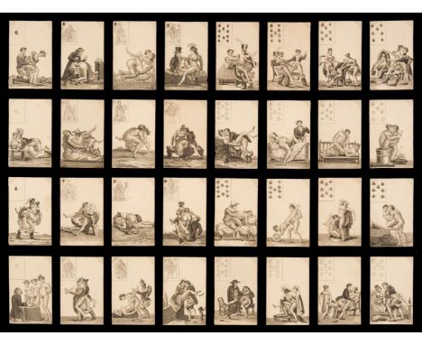 * French (?) playing cards. Erotic deck, unknown maker, circa 1820, a complete piquet deck of 32 uncoloured engraved playing 
