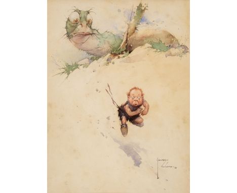 AR  * Wood (Lawson, 1878-1957). A Good Sprinter, 1908, watercolour, depicting a caveman running away from a green dinosaur, s