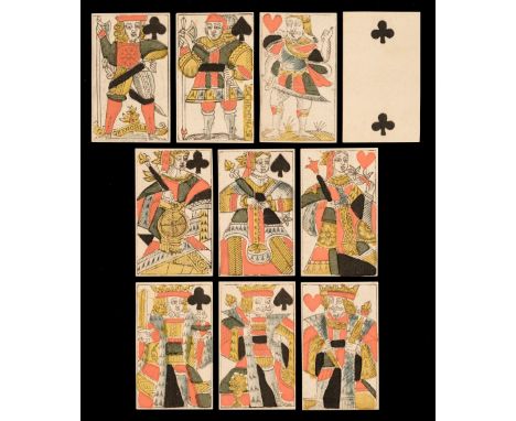 * French playing cards. Dauphine pattern, Grenoble: Cheminade, circa 1750, 10 stencil coloured woodblock playing cards (Frenc